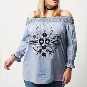 Charlotte Russe Women's Blouse, Blue Stripes, Off-the-Shoulder, Size XL